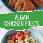 Two photo collage of a close up bite of vegan chicken and two filets on a plate.