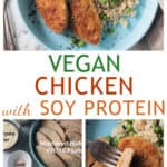 Three photo collage of vegan chicken cutlets, recipe ingredients, and a bite on a fork.