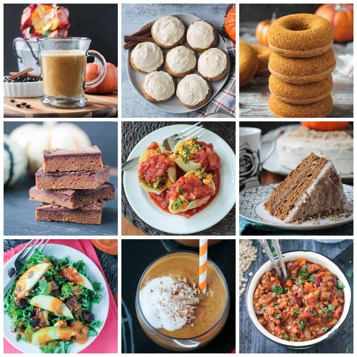 9-photo collage of a collection of vegan pumpkin recipes.