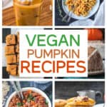 Six photo collage of a variety of vegan pumpkin recipes.