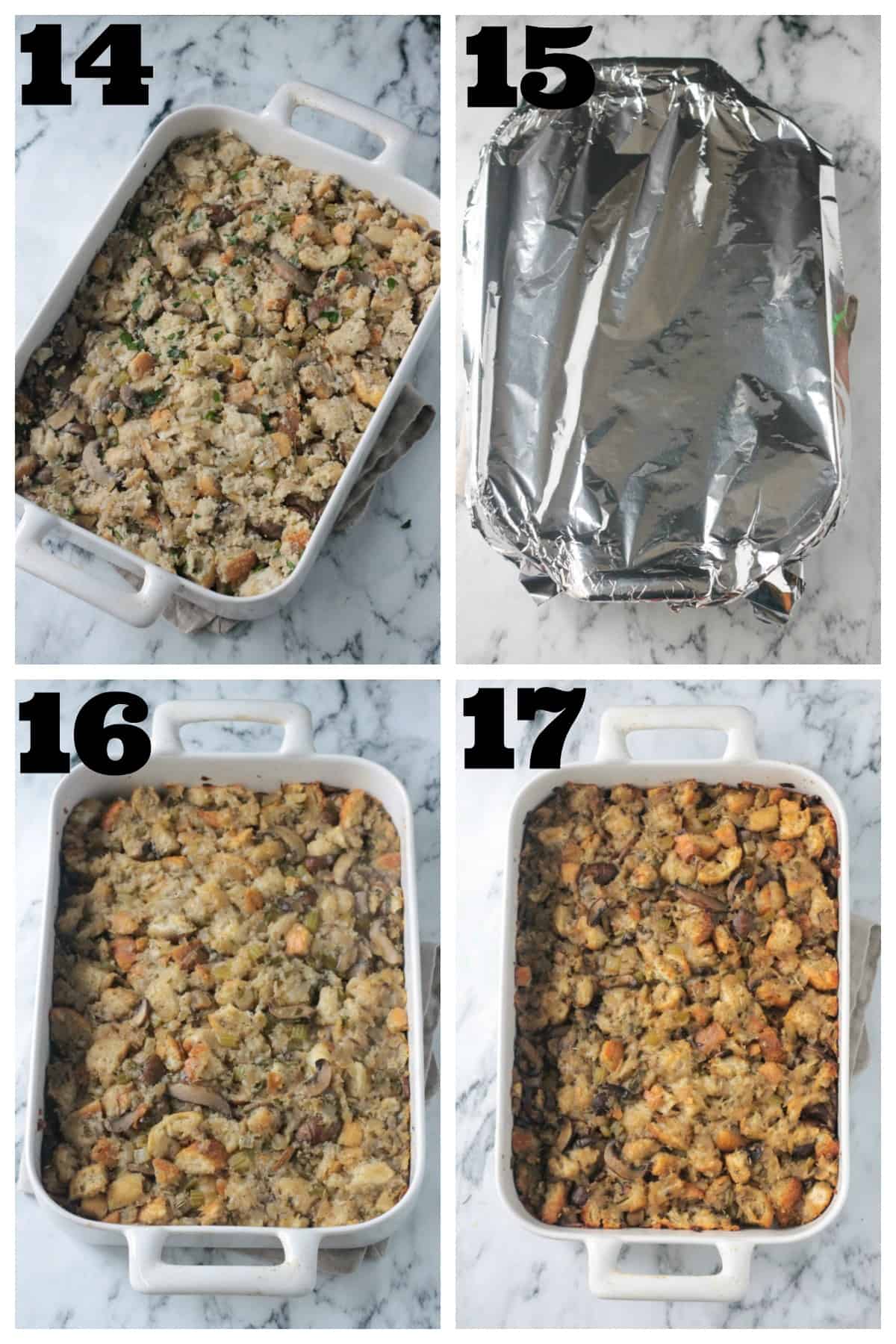 4 photo collage: uncooked mixture in pan, covering w/ foil and baking.