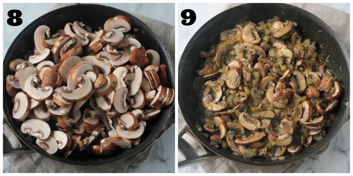 2 photo collage: adding mushrooms to skillet and cooking them down.