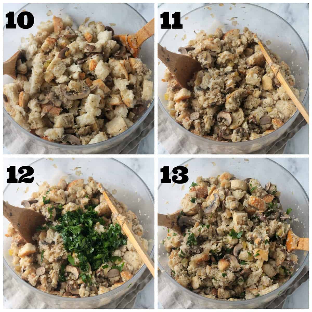 4 photo collage: mixing all the prepared ingredients in a large bowl.