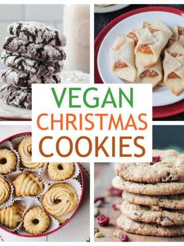 Four photo collage of a variety of vegan christmas cookie recipes.