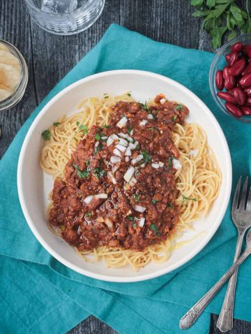 Cincinnati chili on top of spaghetti noodles.