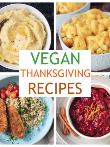 Four photo collage of a variety of vegan thanksgiving recipes.