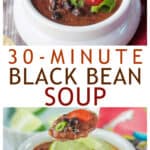 Two photo collage of black bean soup.