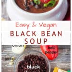 Two photo collage of individual ingredients and a bowl of black bean soup.