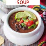 Black bean soup in a white bowl.