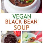 Three photo collage of a bowl of soup, recipe ingredients, and a spoonful of soup being lifted from a bowl.