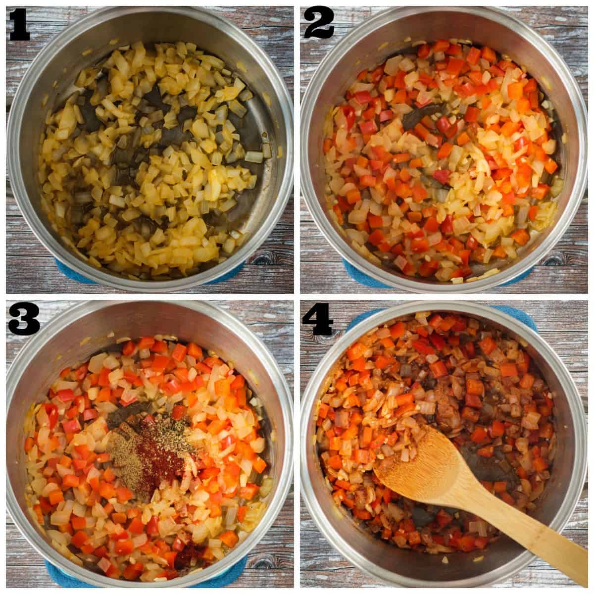 4 photo collage: sautéing onions, veggies and spices in a pot.