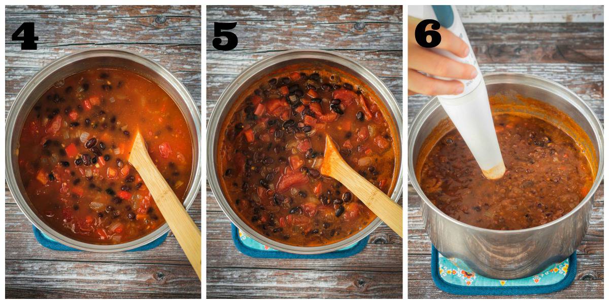 3 photo collage: adding beans and tomatoes to pot, simmering, and blending.