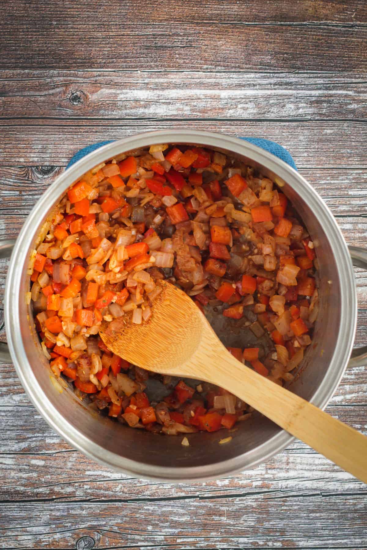 Sautéed vegetables in a a pot.