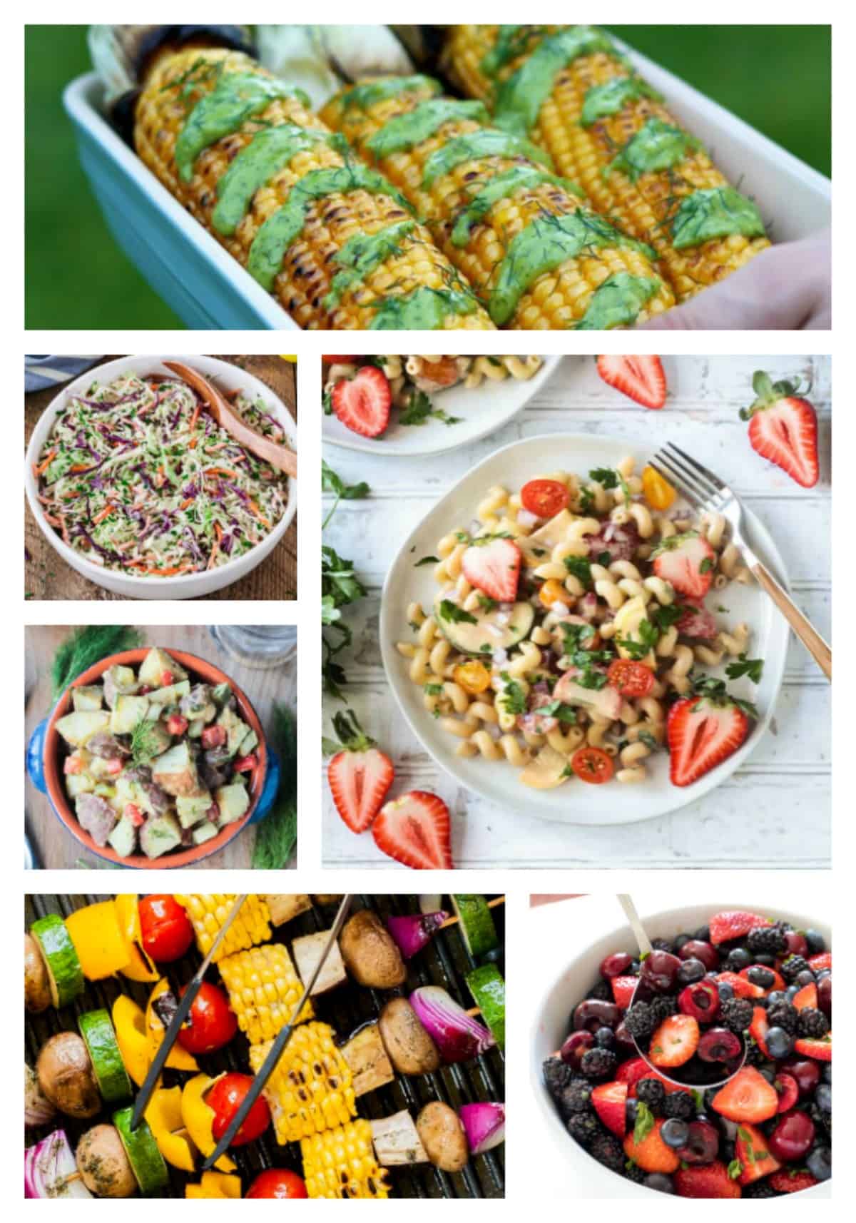 6 vegan side dishes collage: Corn, pasta salad, coleslaw, potato salad, fruit salad and more!