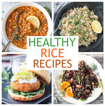 Four photo collage of vegan rice recipes.