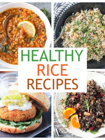 Four photo collage of vegan rice recipes.