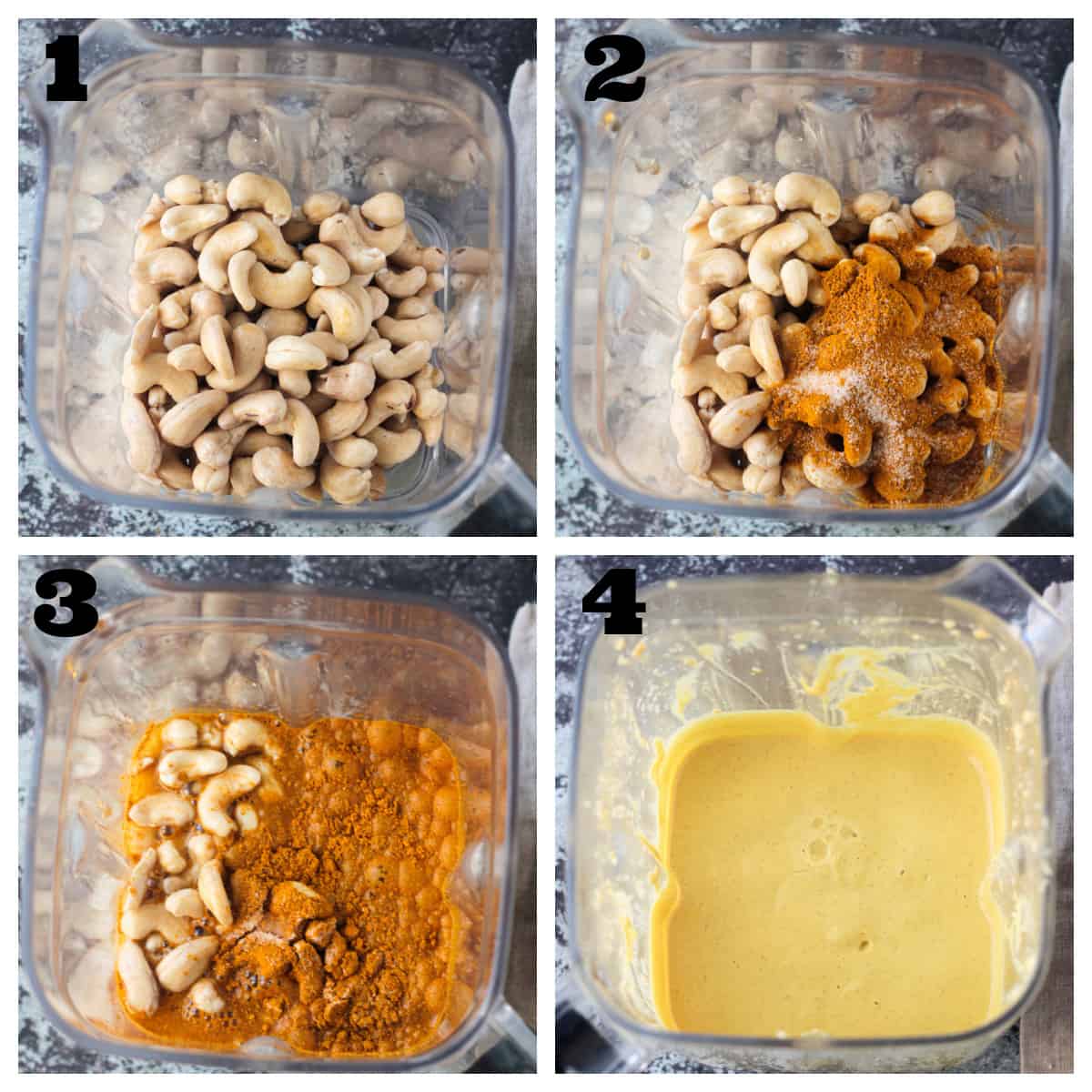 4 photo collage of making the cashew curry sauce.