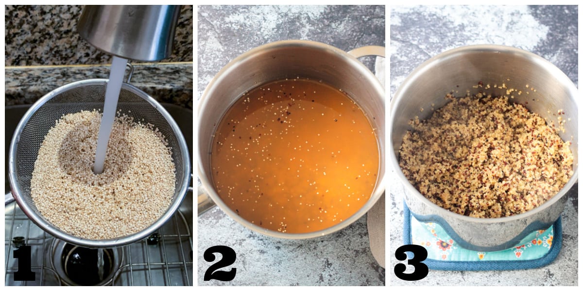 3 photo collage of rinsing, cooking and fluffing quinoa.