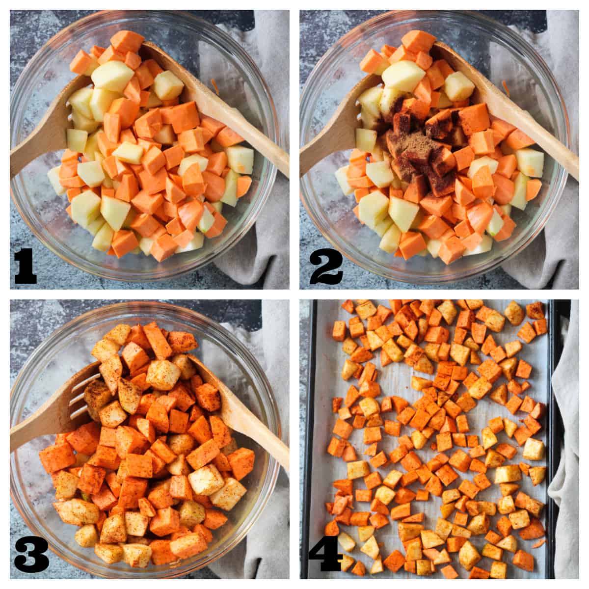 4 photo collage of seasoning sweet potatoes and apples and spreading on a baking sheet.