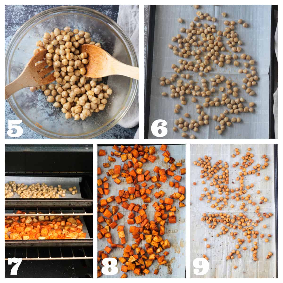 5 photo collage of seasoning chickpeas and roasting them in the oven with the veggies.