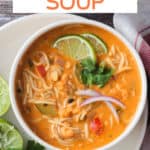 Bowl of red curry Thai noodle soup.