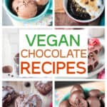Six photo collage of a variety of vegan chocolate recipes.