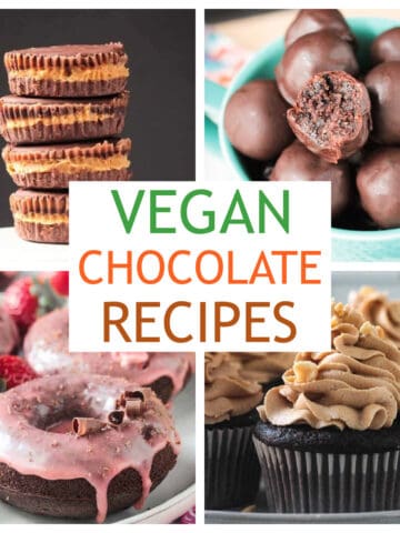 Four photo collage of a variety of vegan chocolate recipes.