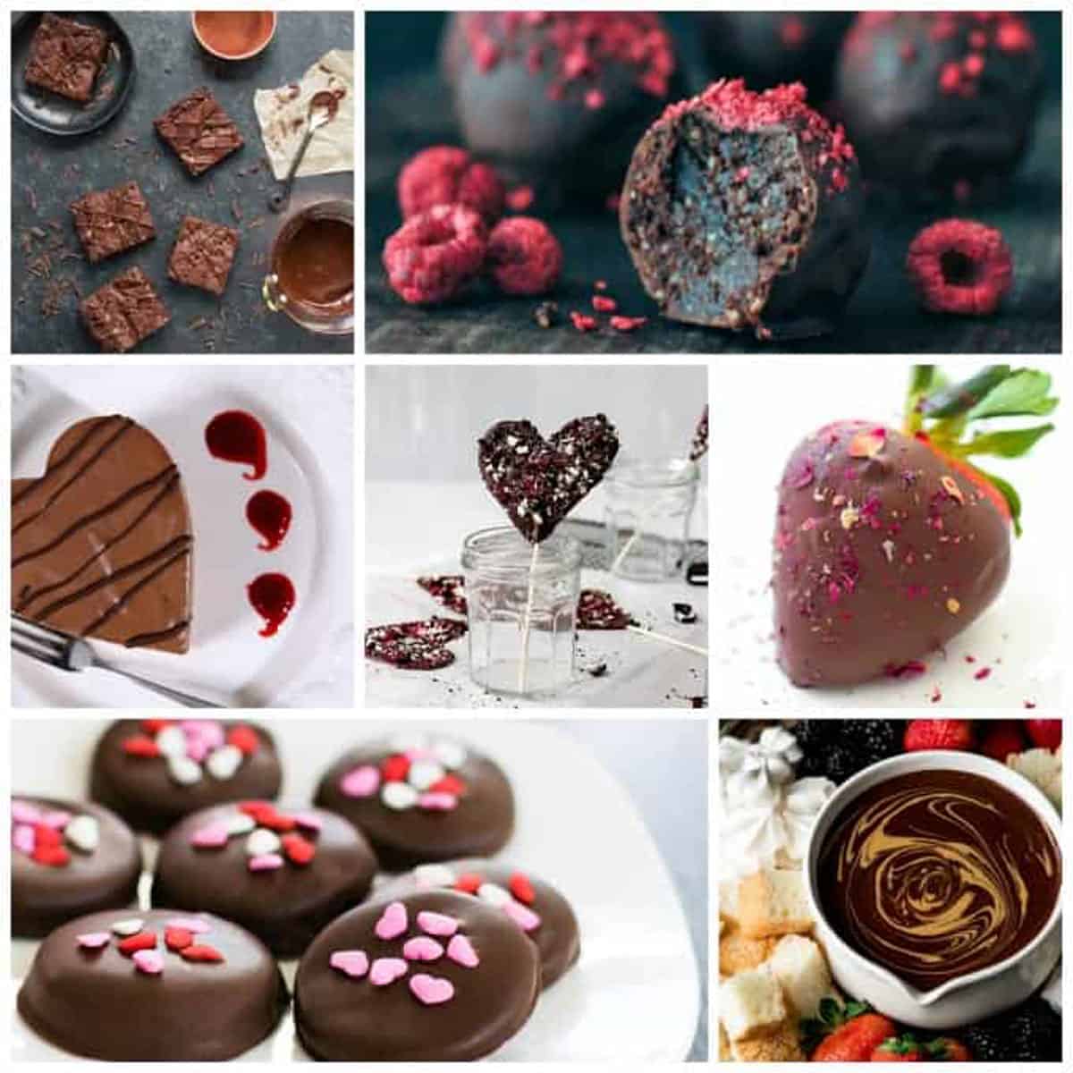 7 photo collage of sweet vegan chocolate recipes.