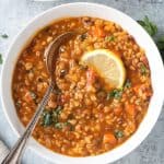 Metal spoon in a bowl of lentil rice soup.