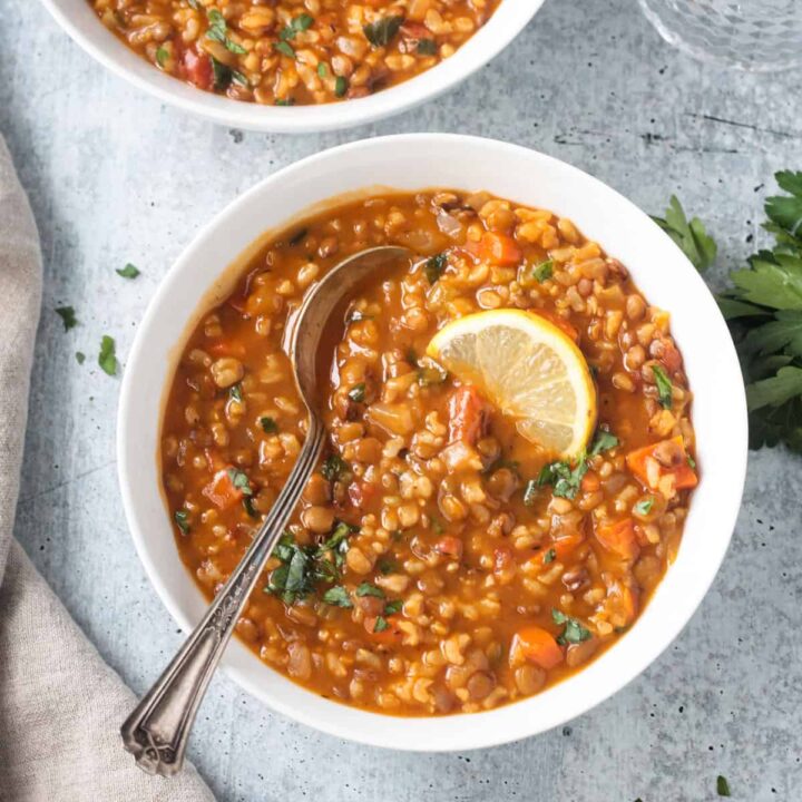 Metal spoon in a bowl of lentil rice soup.