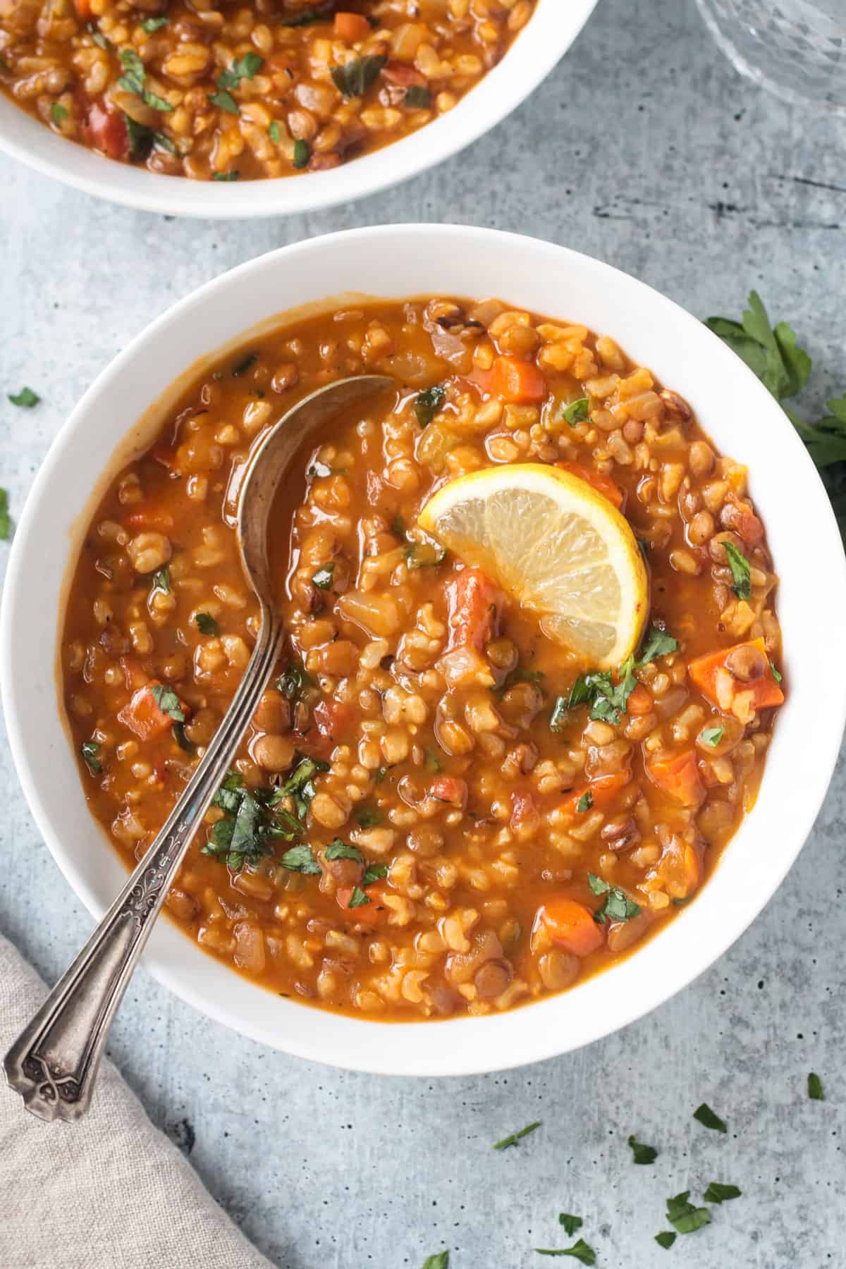 Metal spoon in a bowl of lentil rice soup.