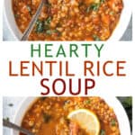 Two photo collage of lentil rice soup.