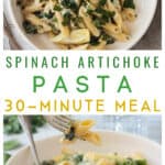 Two bowls of creamy spinach artichoke pasta.