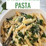 Penne pasta with creamy spinach artichoke sauce.