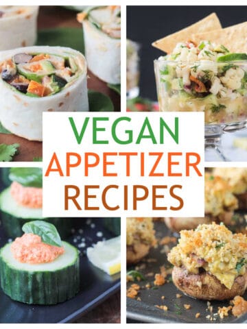 Four photo collage of a variety of vegan appetizer recipes.