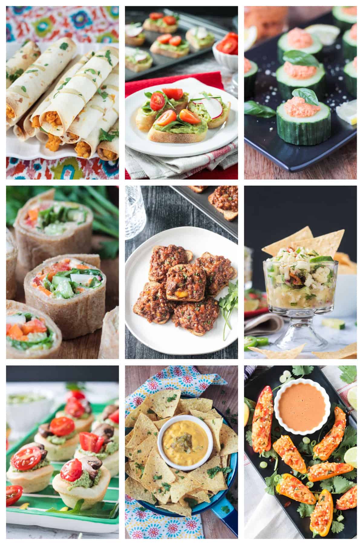 9 photo collage of a variety of vegan appetizers.