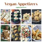 8 photo collage of a variety of vegan appetizers.