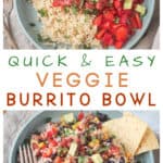 Two photo collage of vegan burrito bowls with rice and veggies.