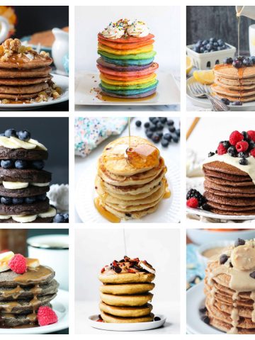 9 photo collage of a variety of vegan pancakes.