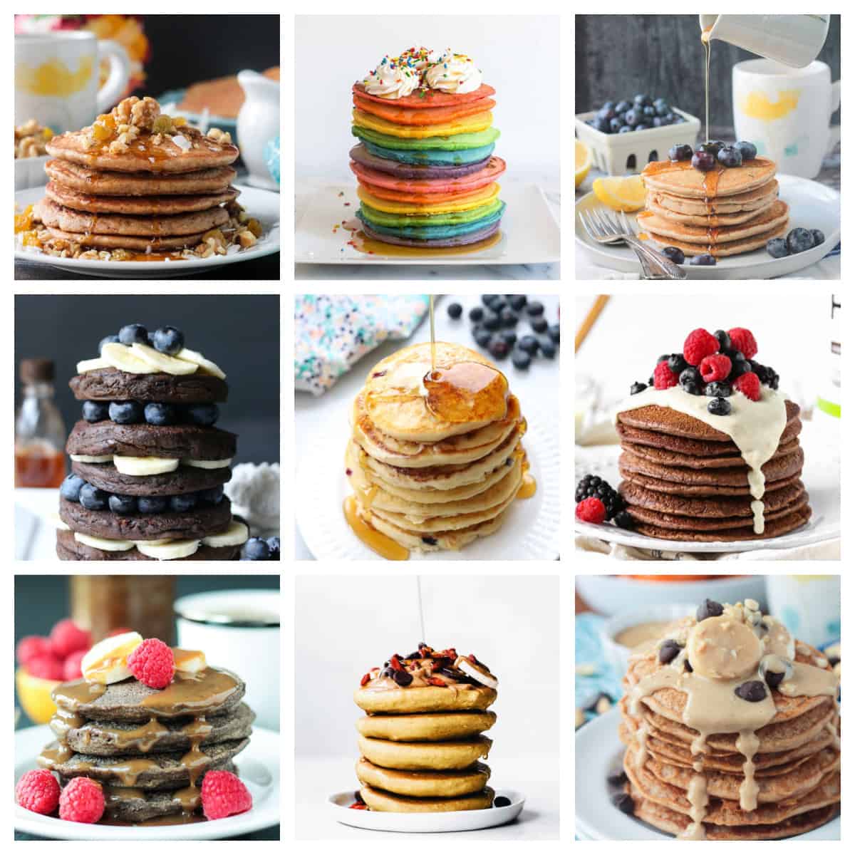 9 photo collage of a variety of vegan pancakes.