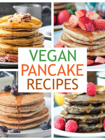 Four photo collage of a variety of vegan pancakes recipes.