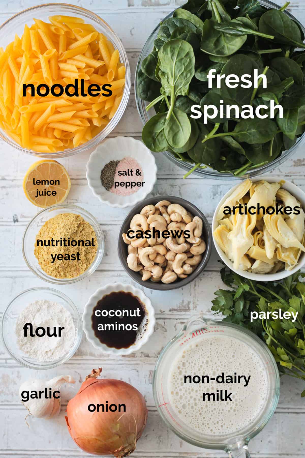 Recipe ingredients arrayed in individual bowls.