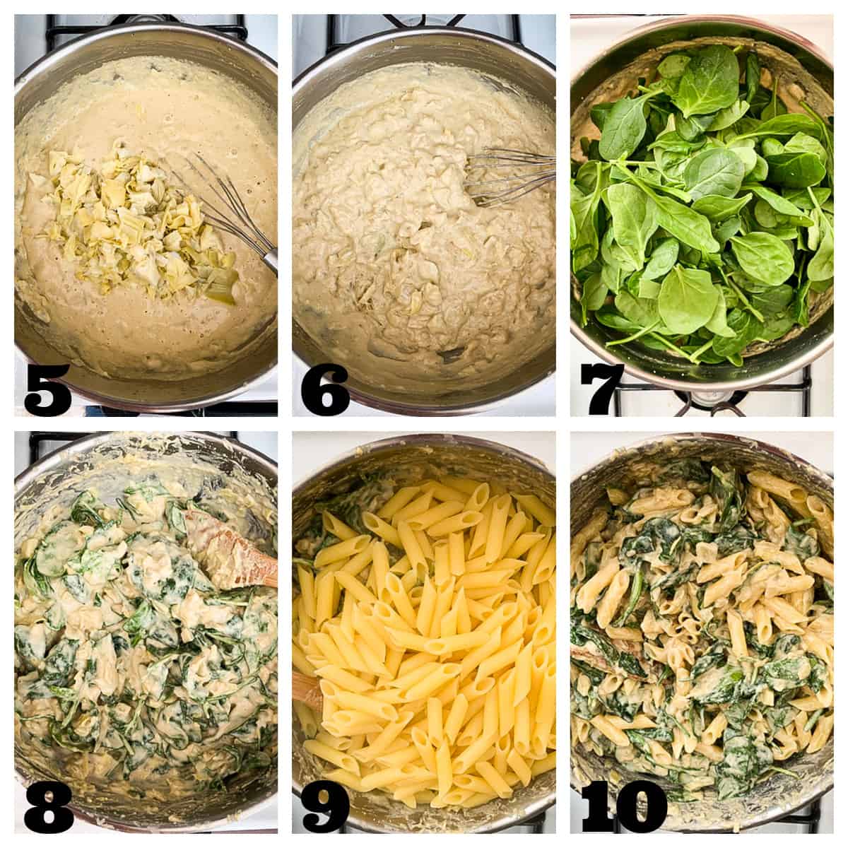6 photo collage of making the creamy spinach artichoke sauce and adding noodles.