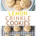 Two photo collage of a plate of lemon crinkle cookies and cookies on a cooling rack.