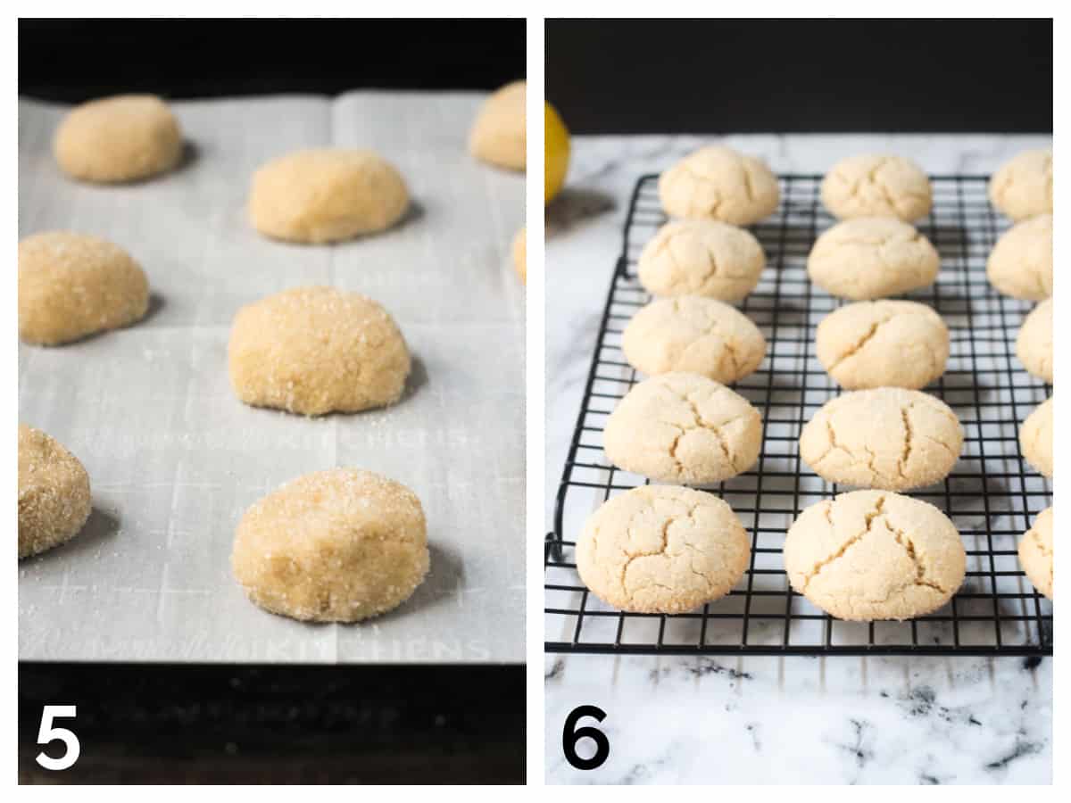 2 photo collage of forming the dough and baked cookies cooling on a rack.
