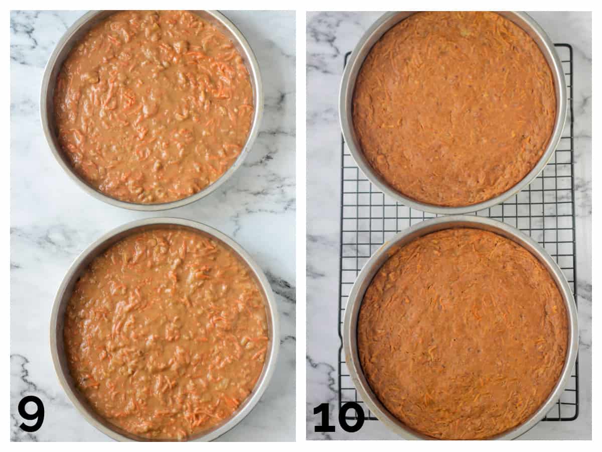 2 photo collage of raw batter in cake pans and baked cakes.