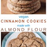 5 round cinnamon sugar cookies on a blue and white plate.
