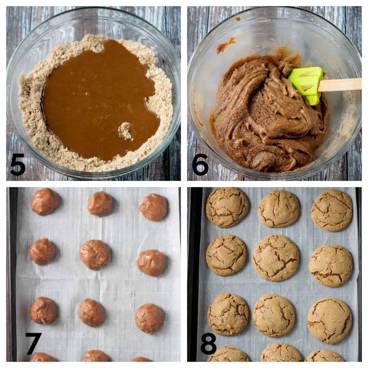 4 photo collage of making the batter, forming the dough and baking the cookies.