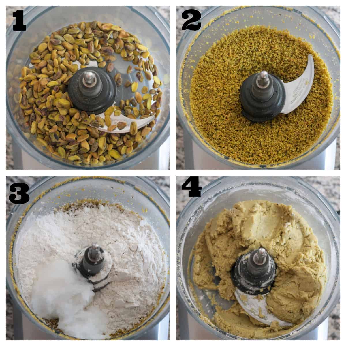 4 photo collage of making the crust dough in a food processor.