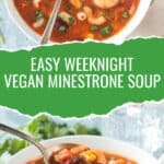 Two photo collage of vegan minestrone soup.